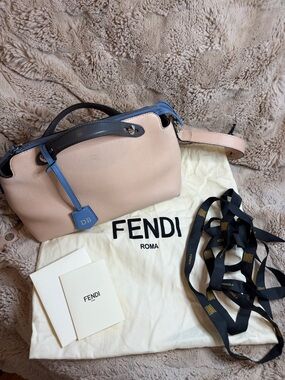 Fendi Blush Pebbled Leather Shoulder Bag with Blue Trim